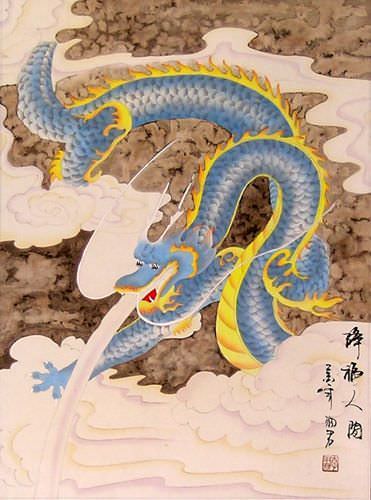 Good Luck Blue Dragon - Chinese Scroll close up view