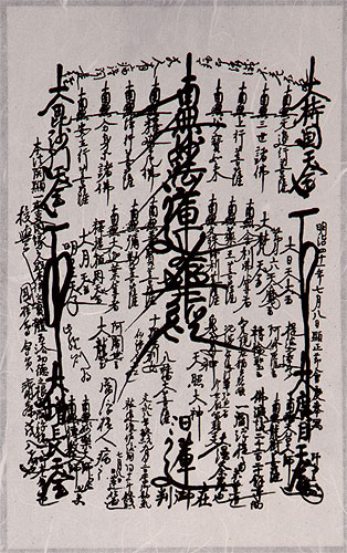 1908 Nichiren Shu Gohonzon Mandala – Fine-Art Giclée on Blue/Gold Scroll close up view