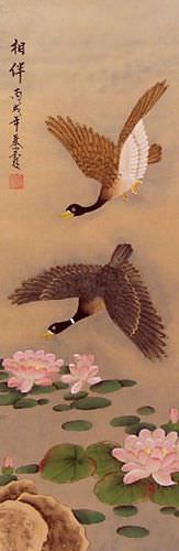 Geese - Companions Taking Flight Wall Scroll close up view