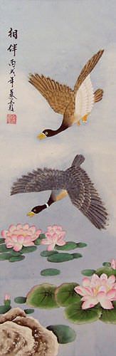 Geese - Companions Taking Flight Wall Scroll close up view
