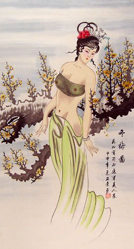 Winter Plum Blossom Semi-Nude Sexy Asian Woman Wall Scroll close up view
