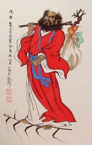 Da Mo / Bodhidharma Soars on a Reed Stalk - Wall Scroll close up view