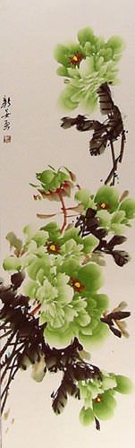 Extra-Long Green Peony Flower Wall Scroll close up view