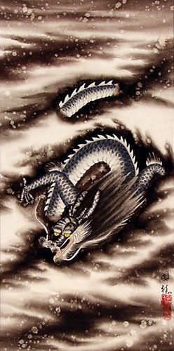 Midnight-Blue Dragon of the Sky - Silk Scroll close up view