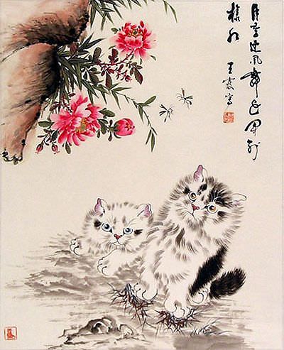 Chinese Kittens Wall Scroll close up view