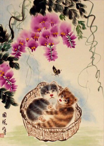 Kittens in a Basket - Asian Scroll close up view