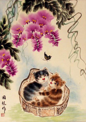 Kittens in a Basket - Asian Scroll close up view