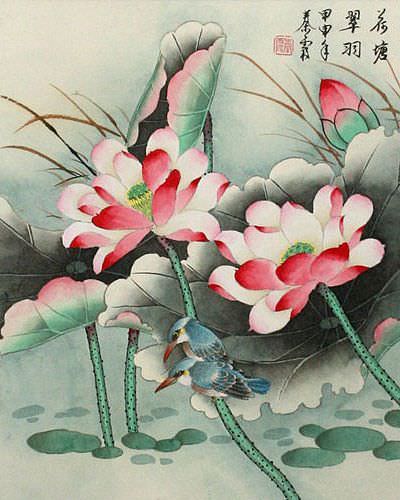 Emerald Green of the Lotus Pond Wall Scroll close up view