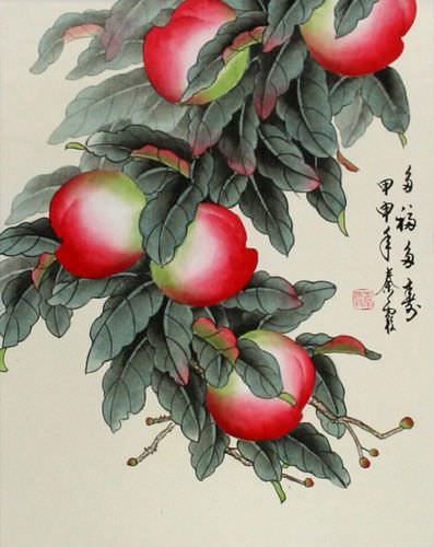Many Good Wishes and a Very Long Life Peach Tree Wall Scroll close up view