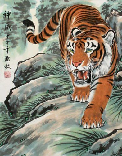 Chinese Tiger Wall Scroll close up view