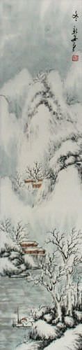 Winter Homes in the Mountains Landscape Wall Scroll close up view