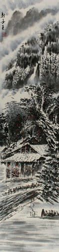 Winter Homes in the Mountains Landscape Wall Scroll close up view