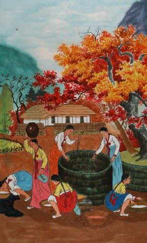 North Korean Harvest Time Wall Scroll close up view