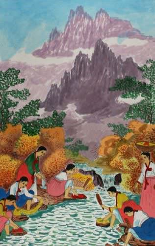 Ladies Washing - North Korean Folk Art Scroll close up view