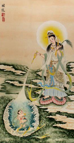 Guanyin Brings Forth a Child - Wall Scroll close up view