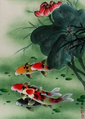 Koi Fish and Lily - Asian Art Scroll close up view