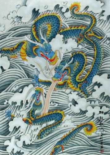 Dragons Playing in the Sea - Chinese Scroll close up view