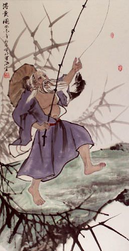 Old Man Fishing Wall Scroll close up view