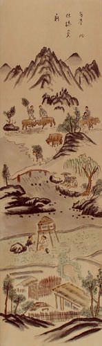 Antique-Style North Korean Wall Scroll close up view