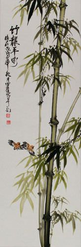 Chinese Green Bamboo and Birds Wall Scroll close up view