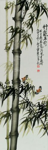 Chinese Green Bamboo and Birds Wall Scroll close up view