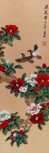 Mountain Tea (Camellia Flower) and Finches Wall Scroll close up view
