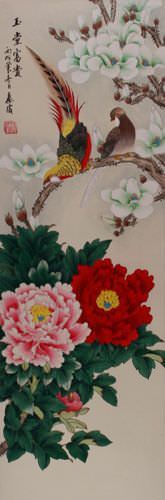 Chinese Pheasants, Yulan & Peony Flowers Wall Scroll close up view