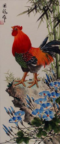 Rooster Wall Scroll close up view