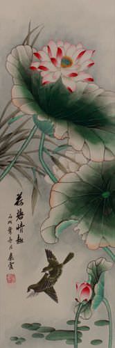 Traditional Chinese Bird and Flower Wall Scroll close up view