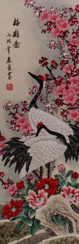 Plum Blossoms & Cranes Welcoming The Spring Wall Scroll close up view