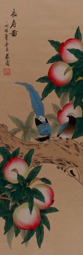 Many Good Wishes and a Very Long Life Peach Tree Wall Scroll close up view