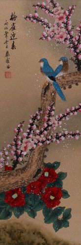 Sparrows and Plum Blossoms Welcoming The Spring Wall Scroll close up view