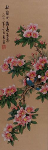 Announcement of Spring - Birds & Peach Blossoms Wall Scroll close up view
