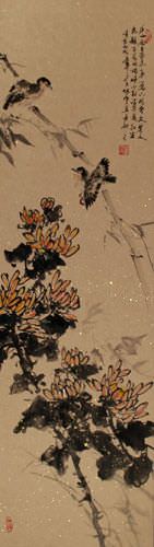 Birds and Chrysanthemum Flowers Wall Scroll close up view