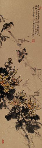 Bird and Chrysanthemum Flowers Wall Scroll close up view