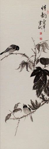 Traditional Chinese Bird and Flower Wall Scroll close up view