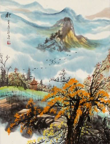 Autumn Village Landscape Wall Scroll close up view