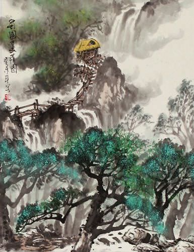 Summer Mountain Village Landscape Wall Scroll close up view