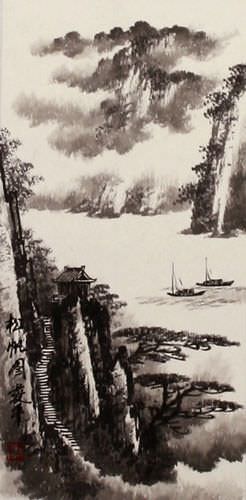 Chinese River Landscape Wall Scroll close up view