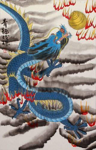 Blue Chinese Dragon - Silk Wall Scroll - Tigers & Dragons Paintings and ...