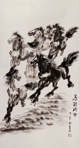 Eight Horse Wall Scroll close up view