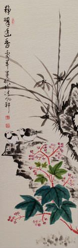 Green Freshness from Afar - Chinese Birds Wall Scroll close up view