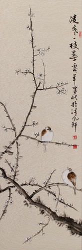 Birds in the Plum Blossom - Wall Scroll close up view