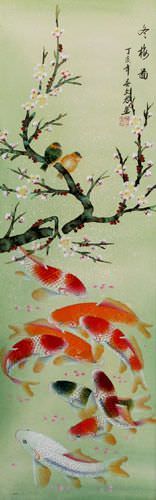 Koi Fish and Plum Blossom Wall Scroll close up view