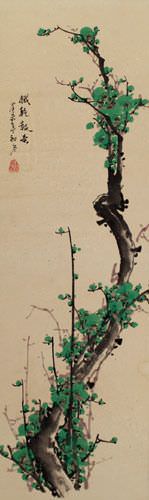 Chinese Green Plum Blossom Wall Scroll close up view