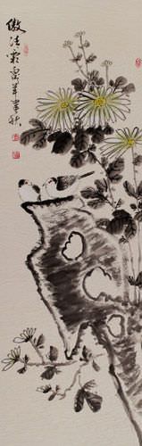 Despite the Cold - Chrysanthemum Wall Scroll close up view