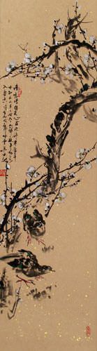 Birds and Plum Blossom Wall Scroll close up view