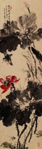 Bird and Lotus Flowers Wall Scroll close up view