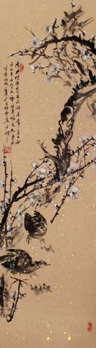 Birds and Plum Blossom Flowers Wall Scroll close up view