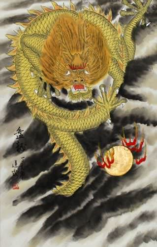 Golden Chinese Dragon - Silk Wall Scroll close up view